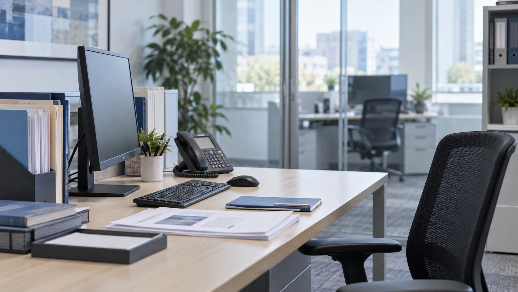 Client files and a workstation in an office