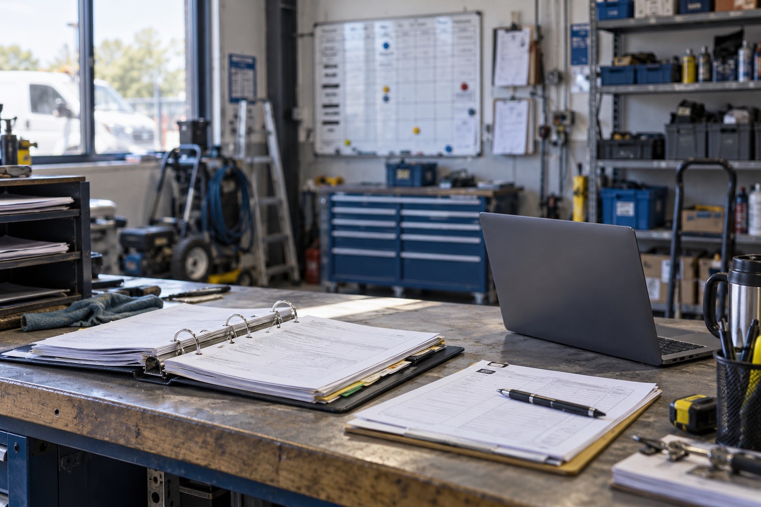 Job paperwork and a laptop at a field service workshop